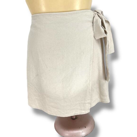FOREVER 21 Linen Blend Faux Wrap Skirt Side Tie XS Neutral Minimalist Preppy - Picture 3 of 7